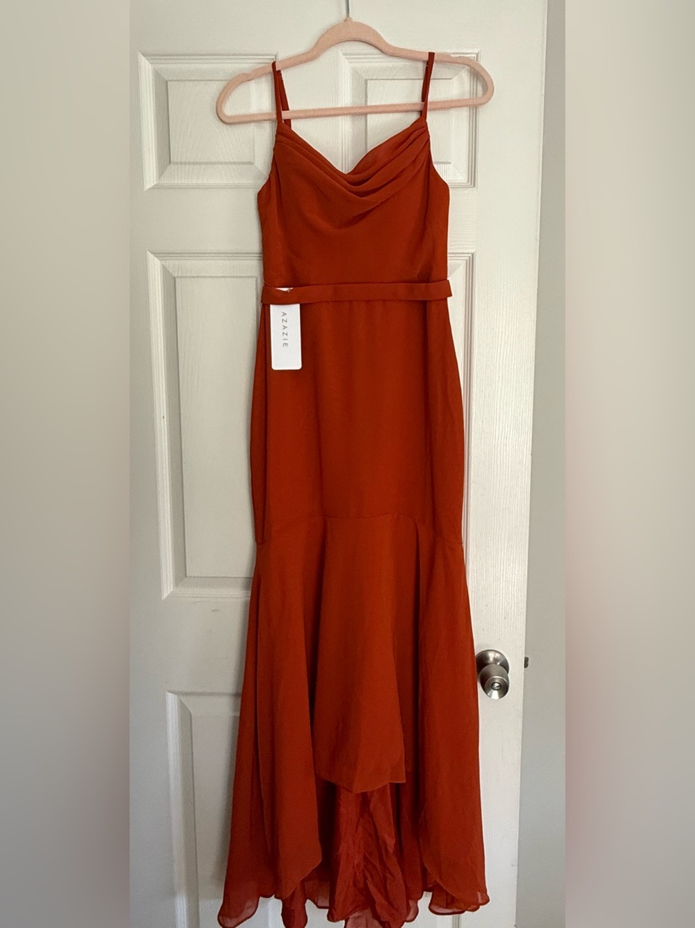 Azazie Paprika Spaghetti-Strap High-Low Bridesmaid Dress